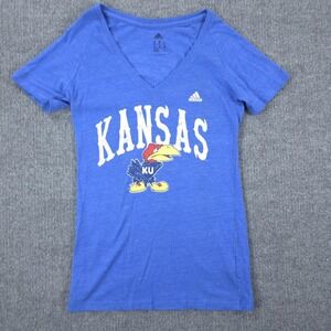 Kansas Jayhawks Shirt Womens Medium Blue NCAA Basketball V Neck Graphic Adidas